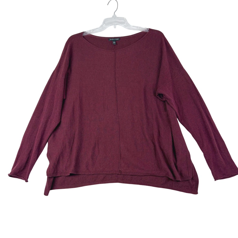 Eileen Fisher M Burgundy Silk Blend Boxy Sweater Boat Neck  Lagenlook Casual